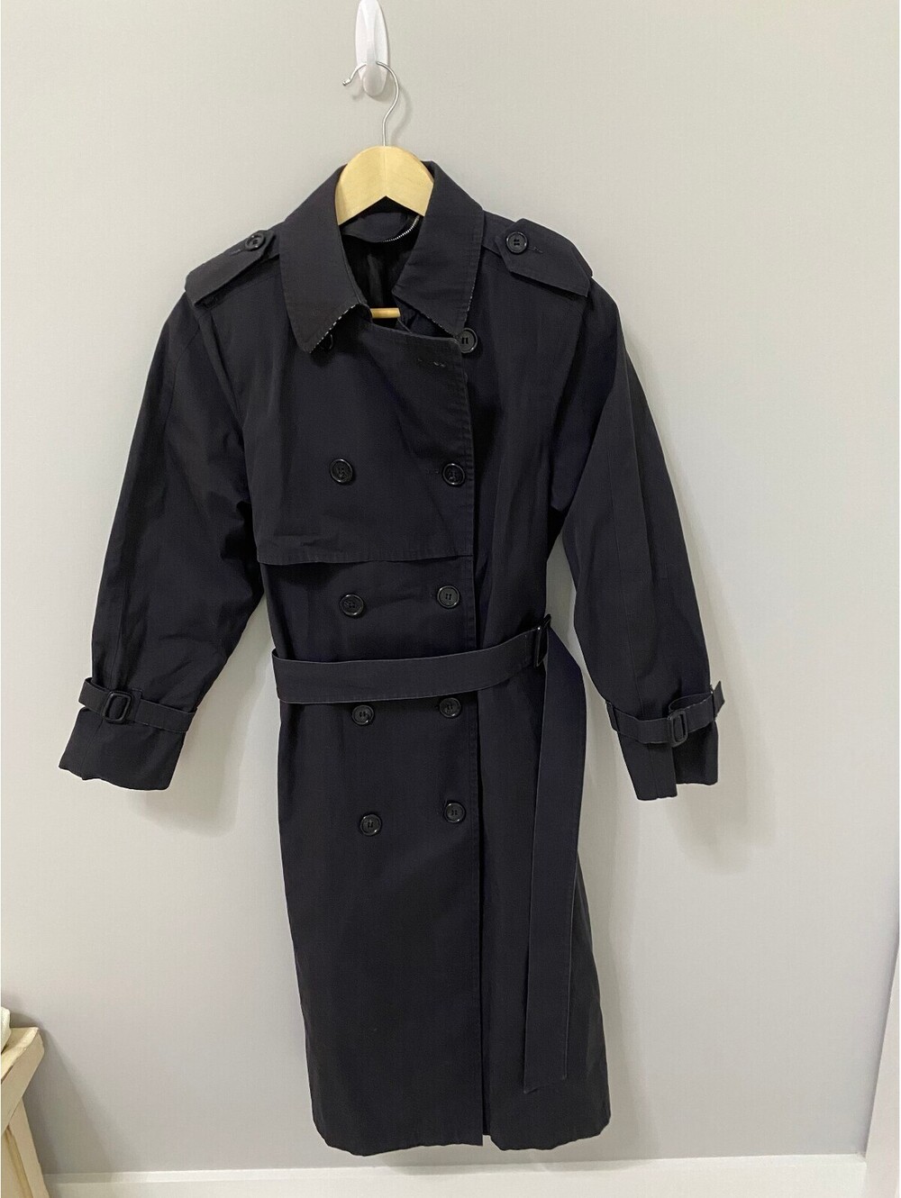 London Fog Classic Black Trench Coat with Belt and Checkered Collar